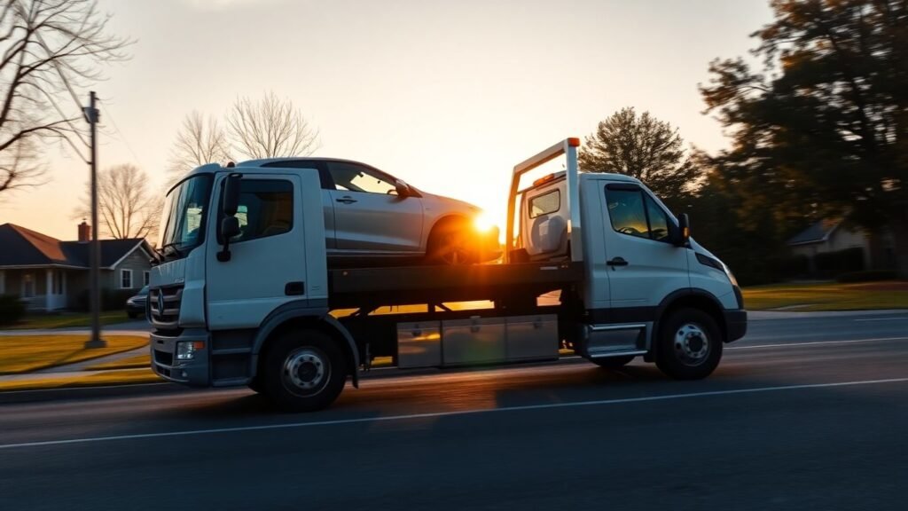 Tow truck carrying a car on a street.
