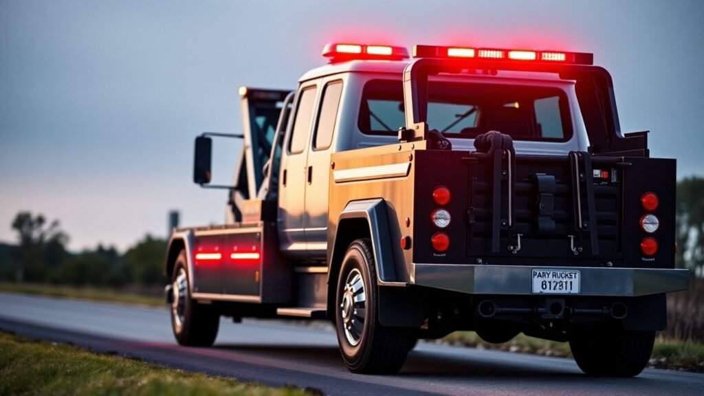 Hyper-realistic tow truck with flashing lights on roadside.
