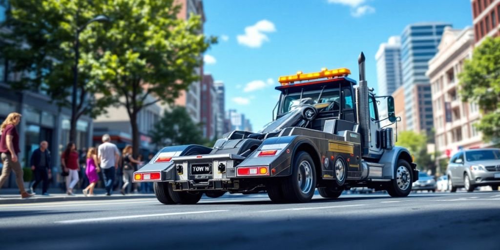 Hyper-realistic tow truck towing a car on street.