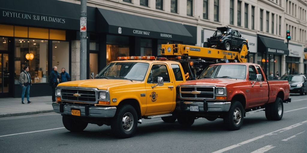 Tow truck helping a stranded car in the city