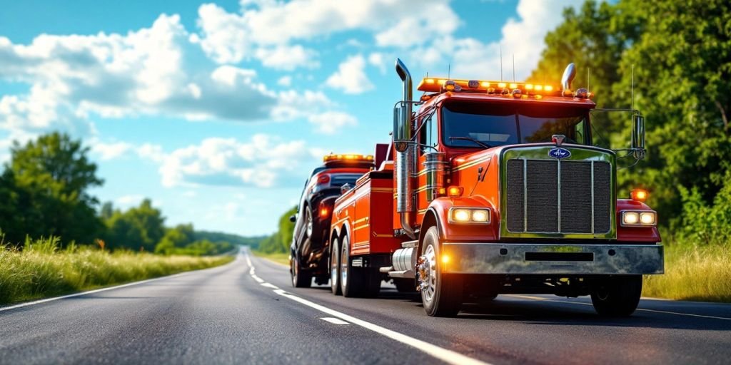 Tow truck lifting a stranded vehicle on a roadside.