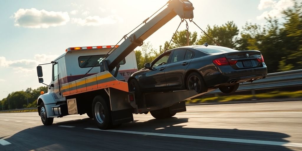 Tow wrecker truck towing a car on a highway