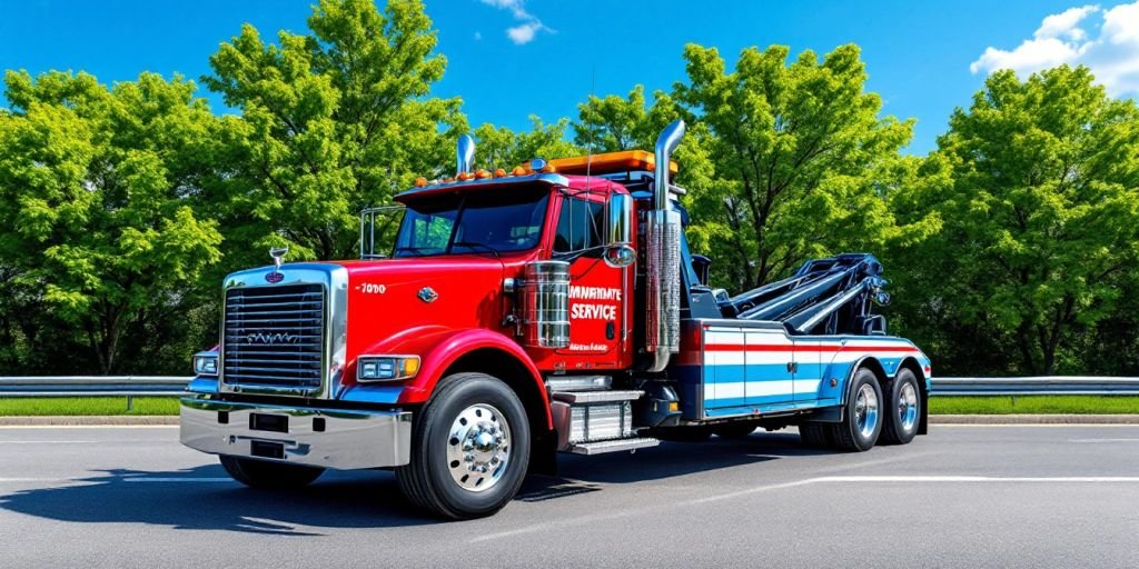 Hyper-realistic tow truck on a roadside ready for service.