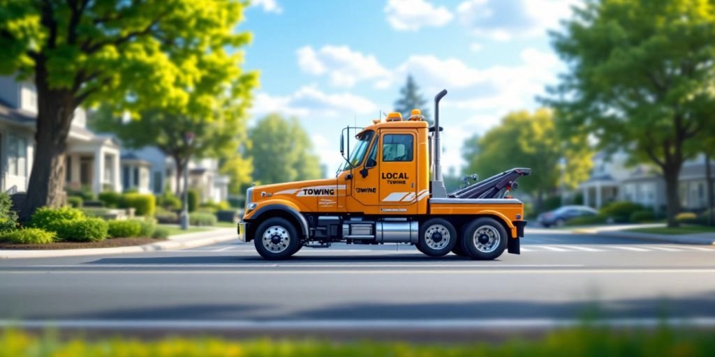 Local towing truck in a suburban neighborhood.