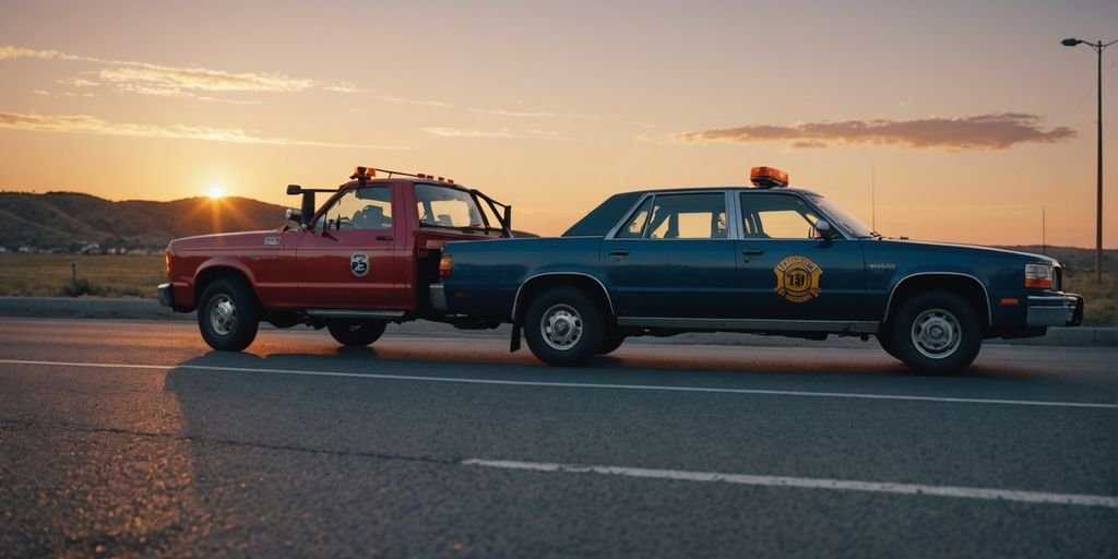 Tow truck helping a stranded car at sunset