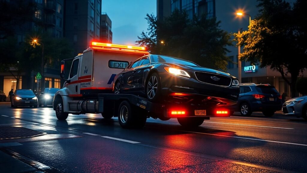 Tow truck loading car on urban street at night