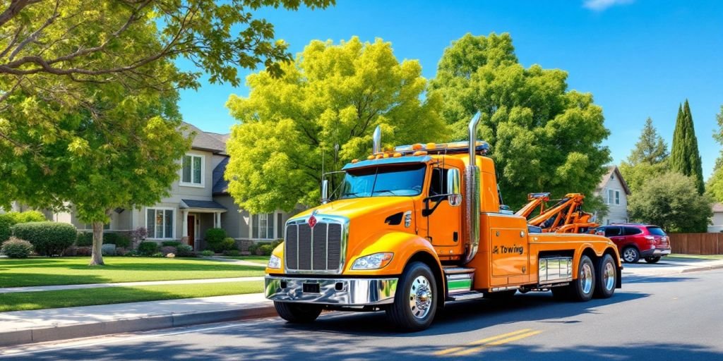 A bright tow truck on a suburban street.