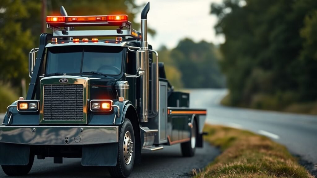 Tow truck on a roadside with illuminated lights.