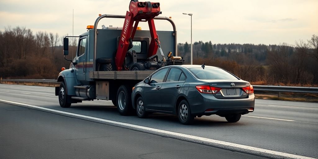 Towing truck pulling a broken-down car.