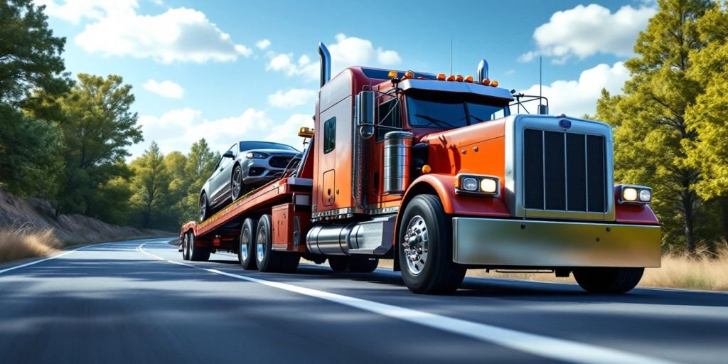 Powerful truck towing a vehicle on a scenic road.