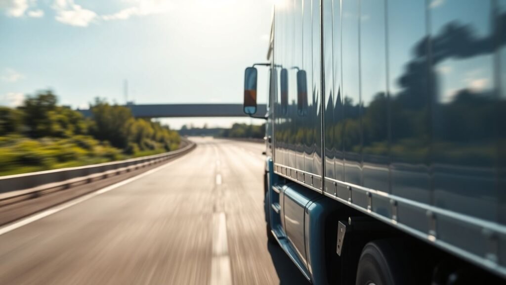 Toll truck driving on a highway.