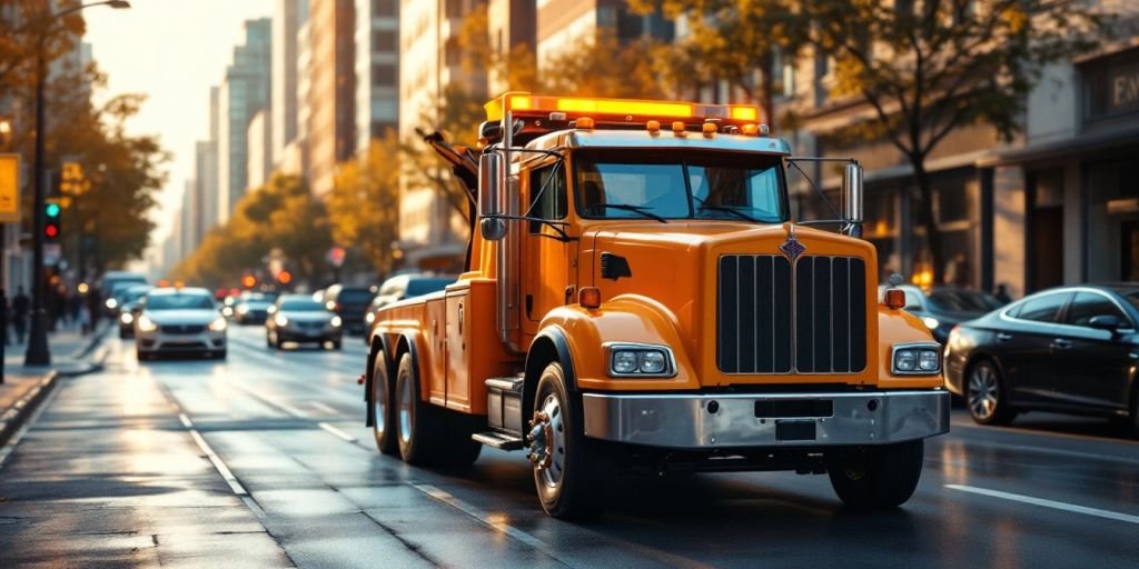 A tow truck parked on a busy city street.