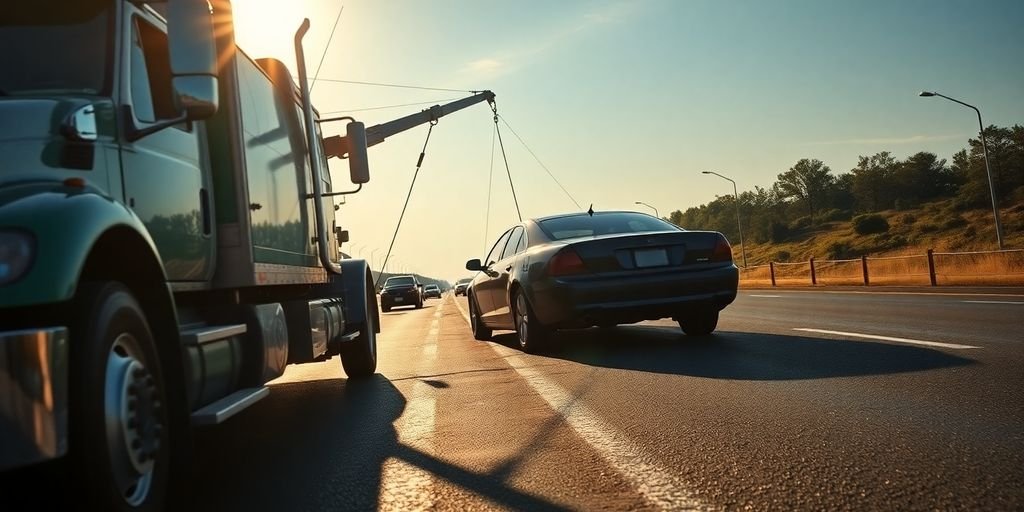 Tow truck assisting a car on a highway.