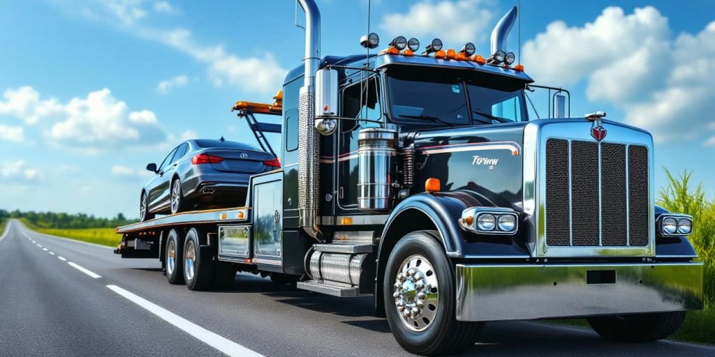 Hyper-realistic tow truck loading a car on roadside.